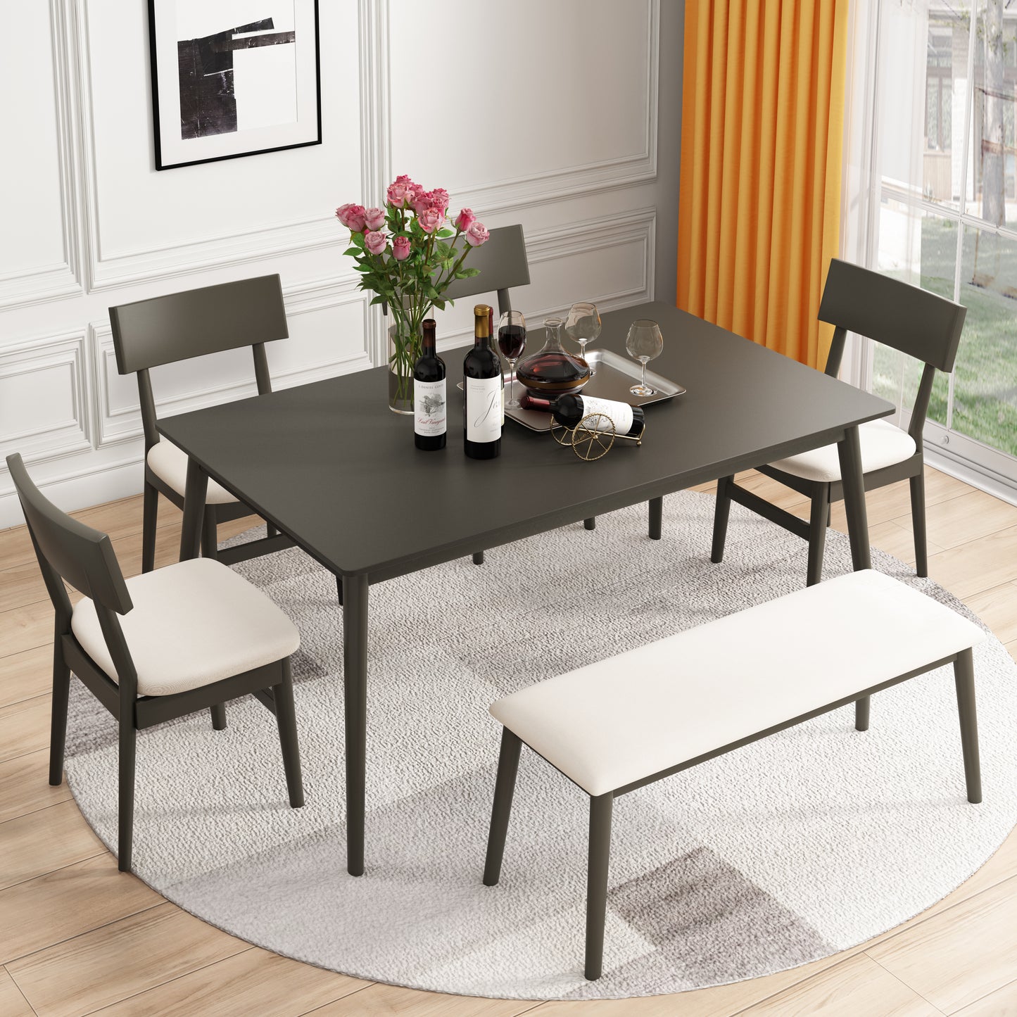 SEGMART Wood Dining Table and Chair Set of 6, Dining Room Set for 6 Persons with Bench, Rectangular Kitchen Table with 4 Microfiber Padded Chair Plus One Upholstered Bench, Farmhouse Kitchen Table Set