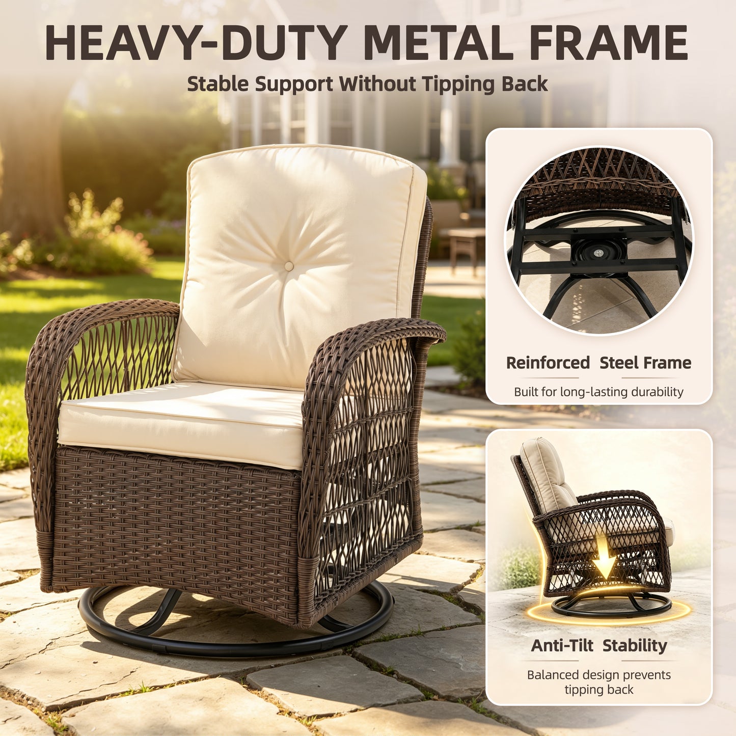 Patio Swivel Rocker Bistro Set, 3 Piece 360° Rocking Patio Conversation Set with Thickened Cushions, 2 Patio Swivel Rocking Chairs with 1 Glass Top Table, for Garden Yard Balcony Pool Cafe (Gray)