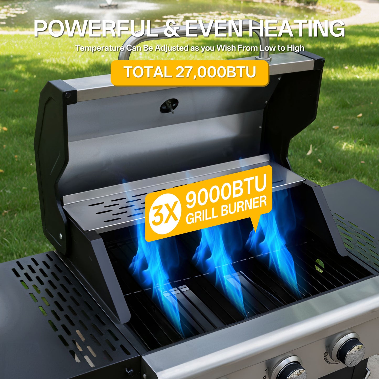 Segmart 3 Burner BBQ Propane Gas Grill, Stainless Steel 25,650 BTU Patio Garden Barbecue Grill with Folding Side Tables, Hanging Basket & Thermometer, Perfect for Camping, Outdoor Cooking