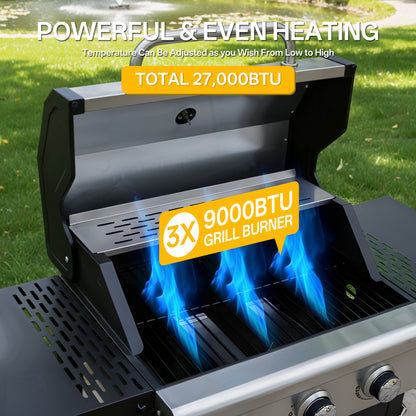 Segmart 3 Burner BBQ Propane Gas Grill, Stainless Steel 25,650 BTU Patio Garden Barbecue Grill with Folding Side Tables, Hanging Basket & Thermometer, Perfect for Camping, Outdoor Cooking