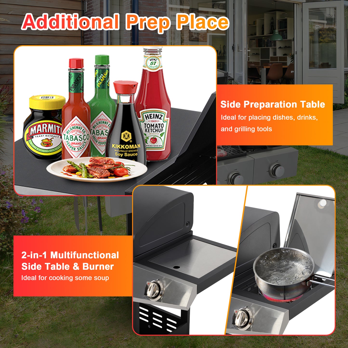 3-Burner Propane Gas Grill with Side Burner, Gas BBQ Grill with Thermometer, Bottle Opener, and Tool Hooks, 40000 BTU Output, Fit for Patio Camping Outdoor Cooking