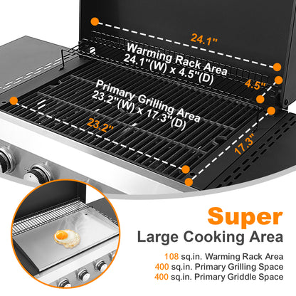 4 Burner Propane Gas Grill and Griddle Combo, Propane BBQ Grill with Foldable Side Table, Hanging Basket, and Tool Hooks for Backyard Camping Cooking, 2 in 1, 49,200BTU Output