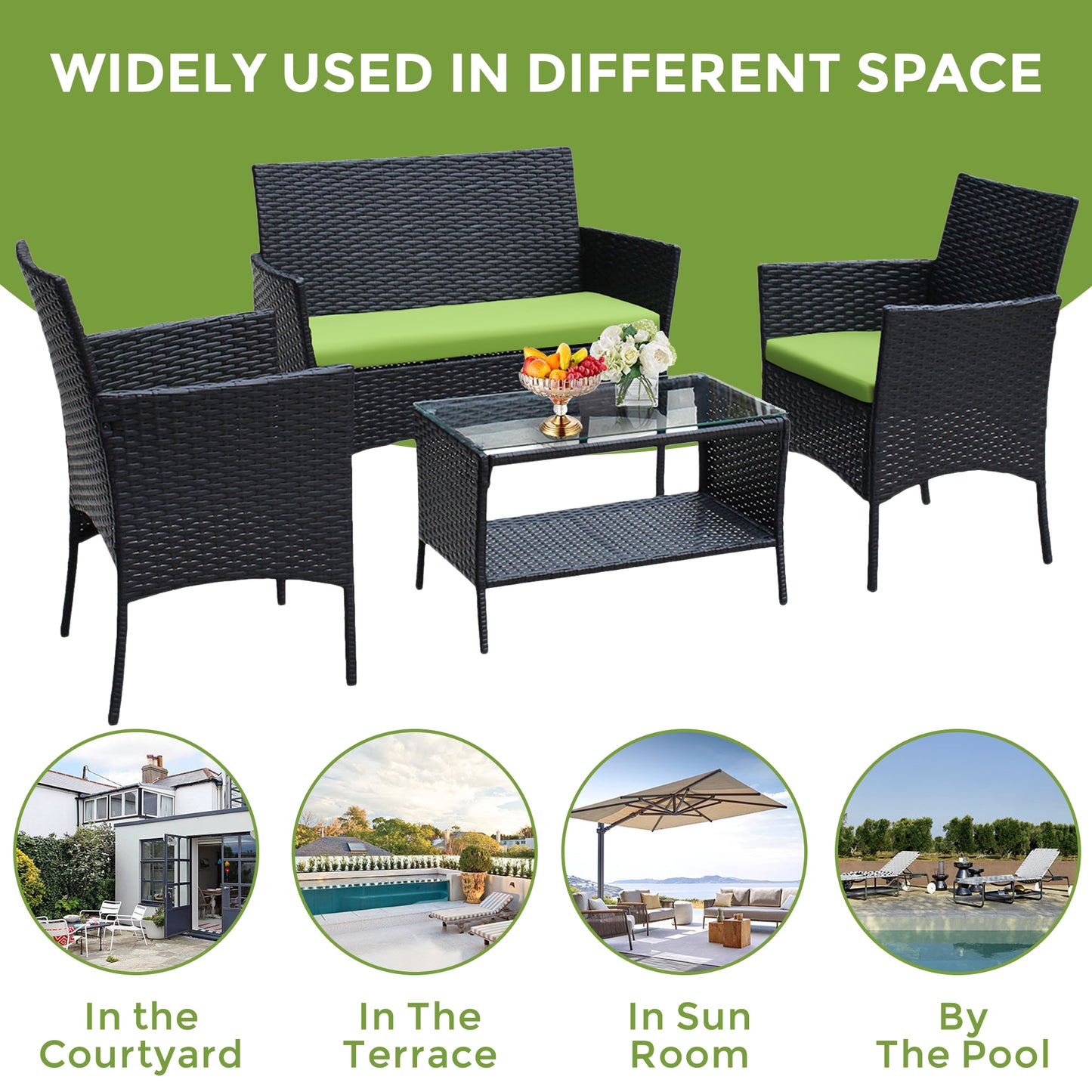 Patio Furniture Set, 4 Pieces Outdoor Rattan Conversation Sofa Set, All-Weather Wicker Patio Sets, Cushioned Sofa and Coffee Table for Garden Deck Courtyard, Green
