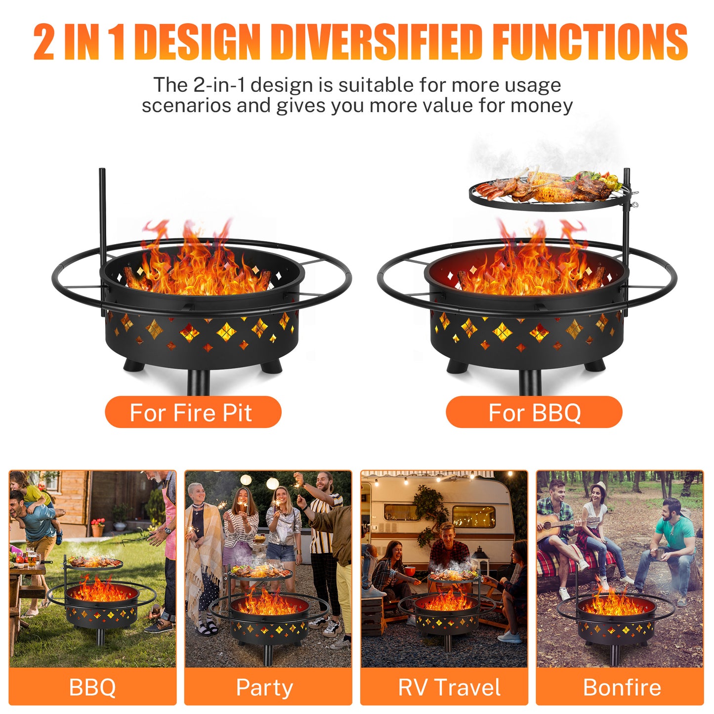 Segmart Fire Pit for Outside, 33'' Outdoor Wood Burning Fire Pit with Grill Grate, Large Round Cooking Firepit Bowl with Spark Screen, for Backyard Garden Patio Bonfire BBQ, Diamond Vents Decor, Black