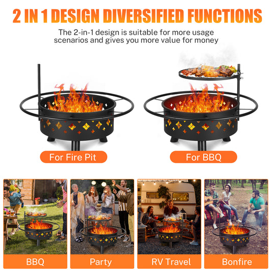 Segmart Fire Pit for Outside, 33'' Outdoor Wood Burning Fire Pit with Grill Grate, Large Round Cooking Firepit Bowl with Spark Screen, for Backyard Garden Patio Bonfire BBQ, Diamond Vents Decor, Black