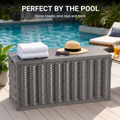 180 Gallon Resin Deck Box, Outdoor Lockable Storage Container for Patio Cushions, Garden Tools, Pool Supplies, Toys, Water Resistant and UV Resistant, Reinforced Rib Design, Built-in Wheels, Gray