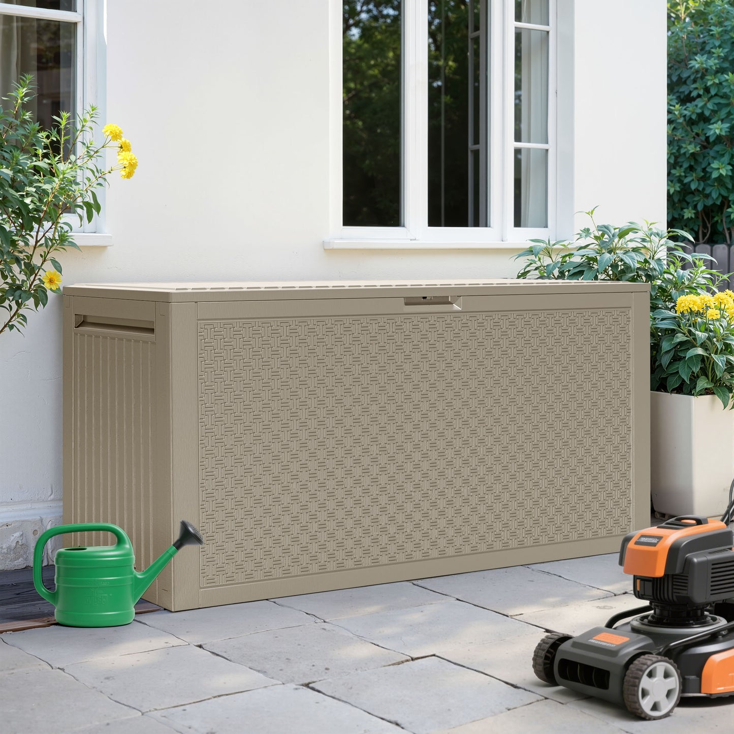 90 Gallon Outdoor Storage Box, Multi-function Deck Box for Organization & Storage, And As a Bench, Waterproof Outdoor Storage Container for Patio Cushion, Gardening Tools, Pool Supplies - Light Brown