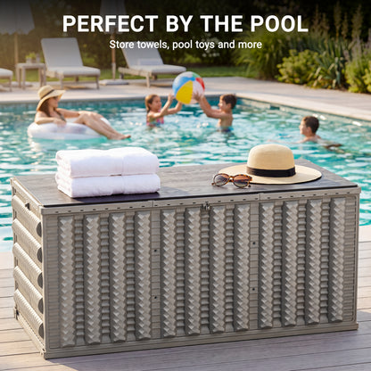 130 Gallon Resin Deck Box, Outdoor Lockable Storage Container for Patio Cushions, Garden Tools, Pool Supplies, Toys, Water Resistant and UV Resistant, Reinforced Rib Design, Built-in Wheels, Gray