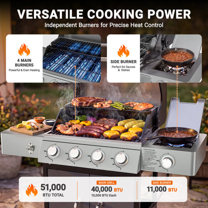 4-Burner Gas Grill with Side Burner, 51,000 BTU Propane BBQ Grill with Porcelain-Enameled Cast Iron Grates, Built-in Thermometer, Ideal for Patio Camping Outdoor Cooking