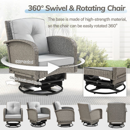 Outdoor Patio Furniture Chairs Set, 3PCS Rattan Wicker Rocking Swivel Chair and Table for 2, Cushioned Porch Bistro Set for Deck Balcony Garden