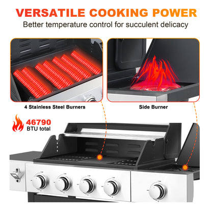 4-Burner Propane Gas Grill with Side Burner, Gas BBQ Grill with Thermometer, Bottle Opener, and Tool Hooks, 46,790 BTU Output, Combining a Grilling Grate With a Griddle Tray