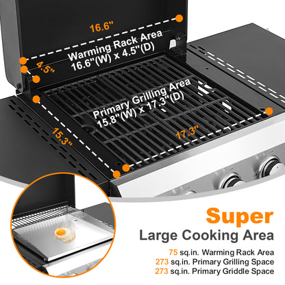 3 Burner Propane Gas Grill and Griddle Combo, Propane BBQ Grill with Foldable Side Table, Hanging Basket, and Tool Hooks for Backyard Camping Cooking, 2 in 1, 36,900BTU Output