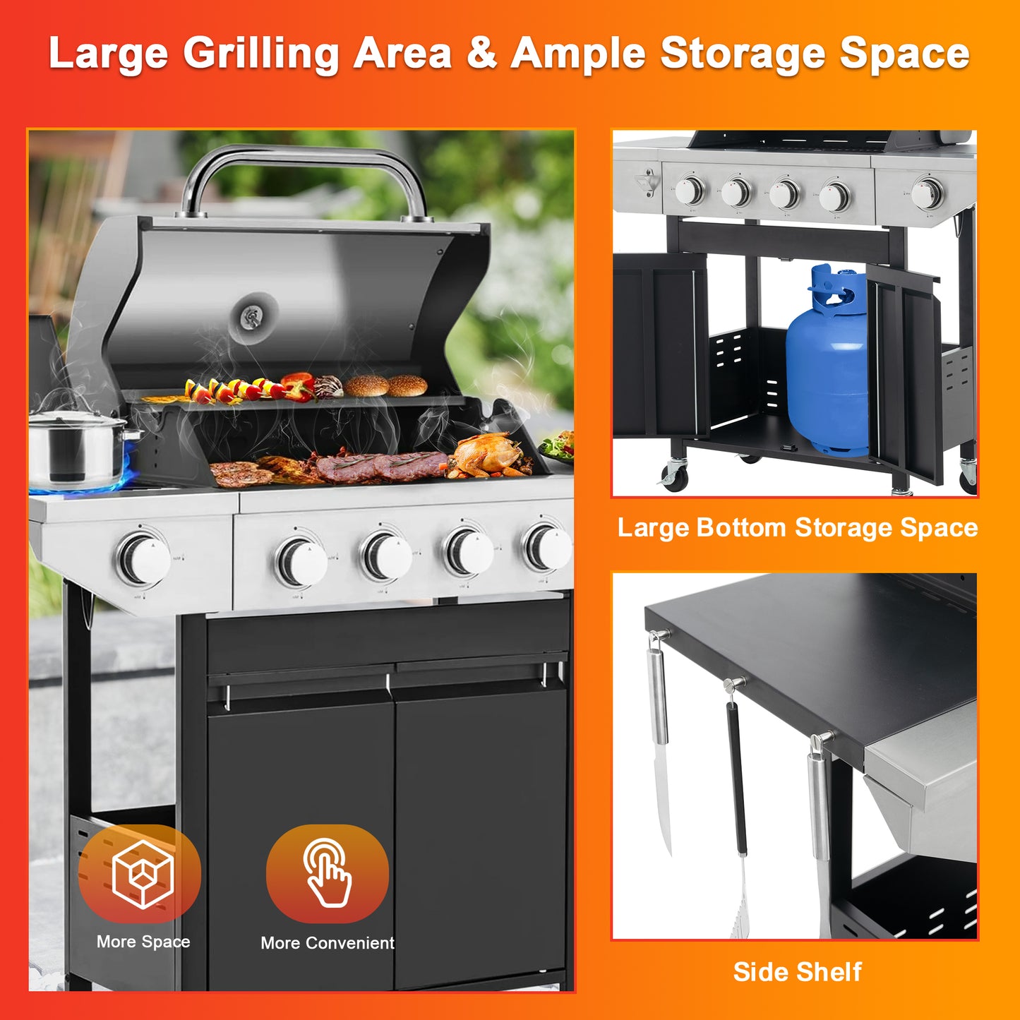 SEGMART 4 Burner Propane Gas Grill with Side Burner, 46,500 BTU Outdoor Cooking BBQ Grill with Porcelain-Enameled Cast Iron Grates, Equipped with Temperature, Tool Hooks, and Bottle Opener