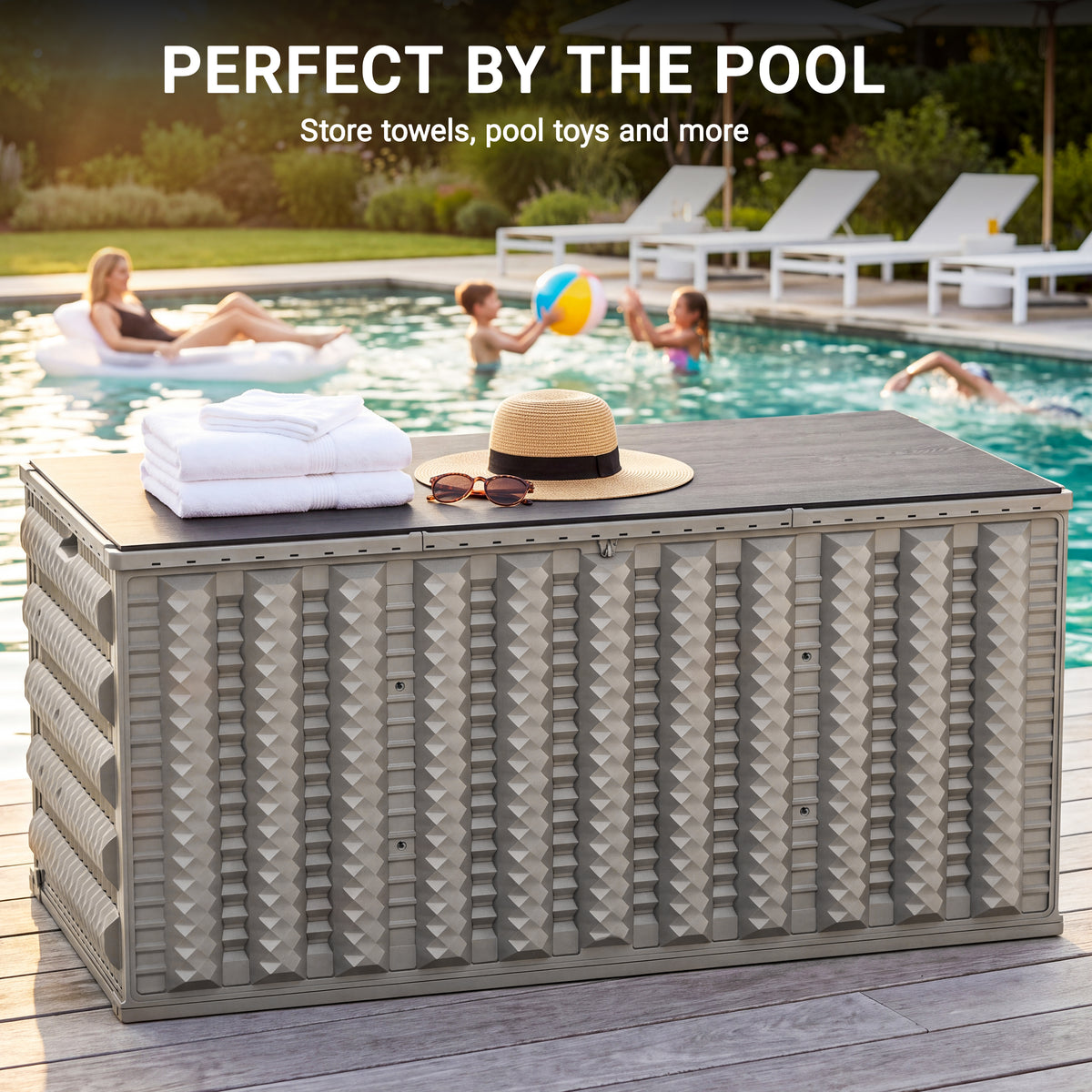 180 Gallon Resin Deck Box, Outdoor Lockable Storage Container for Patio Cushions, Garden Tools, Pool Supplies, Toys, Water Resistant and UV Resistant, Reinforced Rib Design, Built-in Wheels, Gray