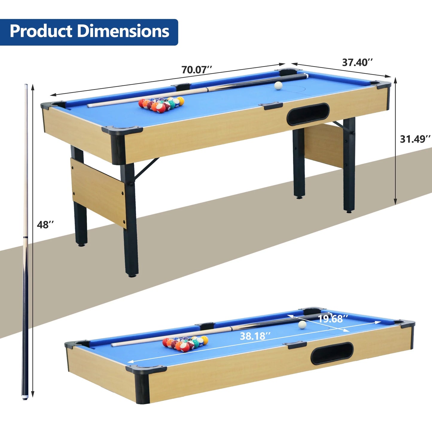 SEGMART 6 Ft Folding Pool Table, Multifunctional Billiard Table, Dining Table, Indoor Game Table, All Accessories Included, Beige with Blue Felt