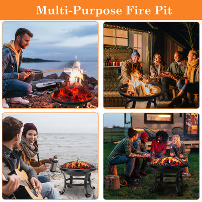 Segmart 22" Round Fire Pit, Curved Iron Outdoor Wood Burning Fire Pit Patio Decoration with Spark Screen, Log Grate, Poker for Backyard Poolside, Black