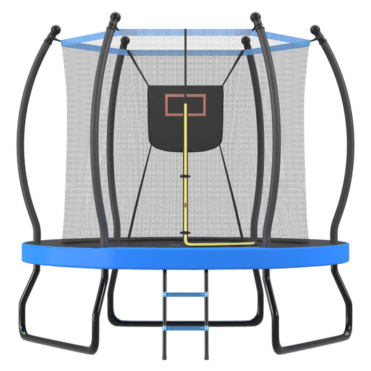 8FT Trampoline for Kids Adults, Outdoor Trampoline with Enclosure, Round Recreational Trampoline with Basketball Hoop, Backyard Trampoline with Ladder, Heavy Duty Trampoline for Indoor Outdoor