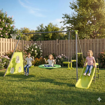 5 in 1 Outdoor Metal Swing Set with Seesaw Swing, Playground Swing Sets with Heavy-Duty A-Frame Metal Outdoor Stand, Swing n' Slide Playset for Kids with Basketball Hoop