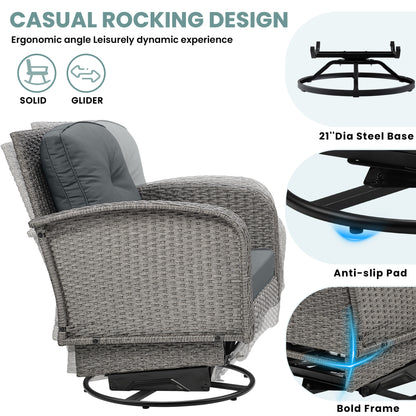 3pcs Patio Furniture Set on Sale, Rattan Outdoor Conversation Set of 2, Patio Bistro Set w/ 360° Swivel Rocking Chairs & Table, Gray Thickened Cushions
