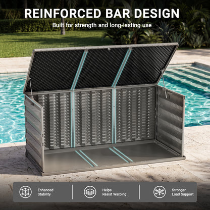 130 Gallon Resin Deck Box, Outdoor Lockable Storage Container for Patio Cushions, Garden Tools, Pool Supplies, Toys, Water Resistant and UV Resistant, Reinforced Rib Design, Built-in Wheels, Gray