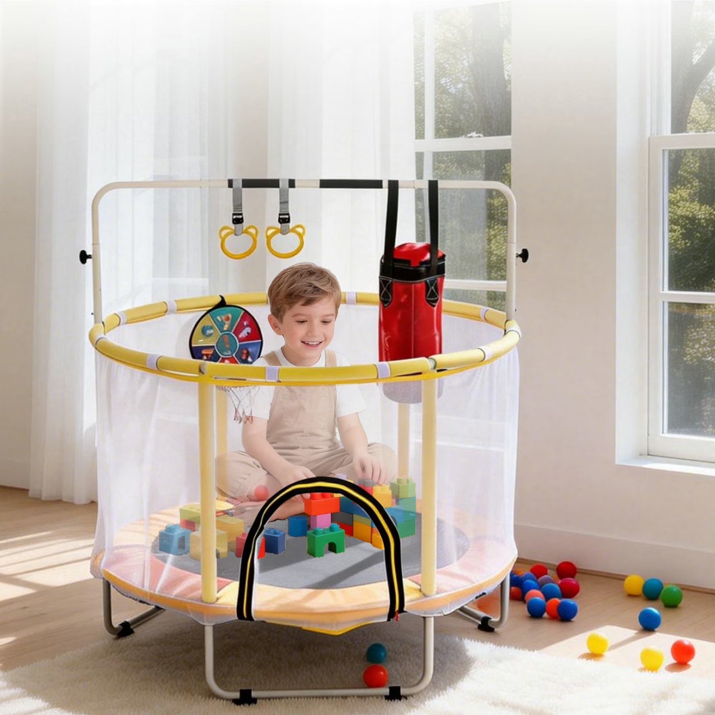 4.5FT Kids Trampoline with Basketball Hoop, SEGMART Upgraded Indoor Toddler Trampoline with Enclosure for Kids, Outdoor Round Small Trampoline with Basketball, Gift for Boys Girls