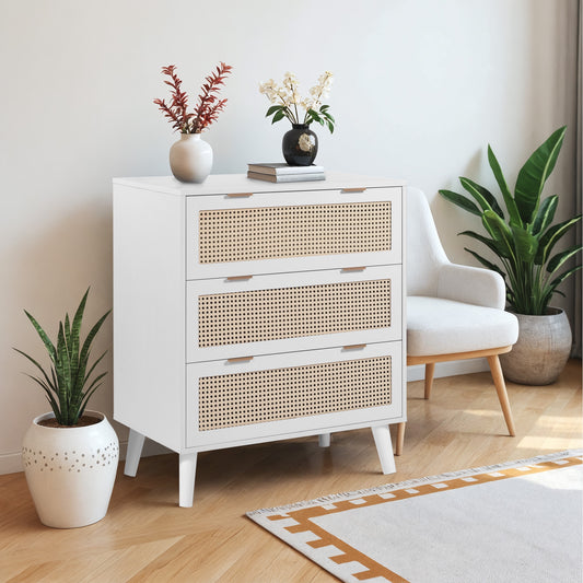 3 Drawer Rattan Dresser, SEGMART 3 Drawer Wood Farmhouse Rattan Dresser for Bedroom, Modern Wooden Dresser Chest with Handles, Wood Chest of Drawers for Bedroom, Hallway, Living Room, White