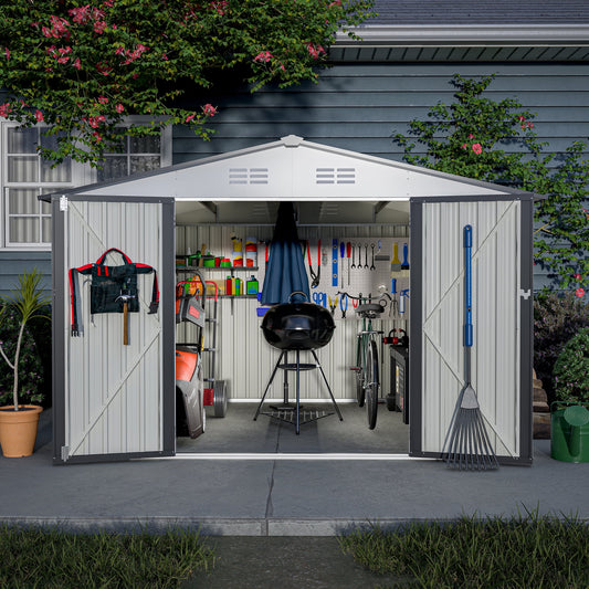10x8FT Outdoor Storage Shed, All-Weather Garden Metal Tool Shed with Lockable Doors, White Galvanized Steel Large Tool Sheds for Patio, Lawn, Backyard, Weather-Proof