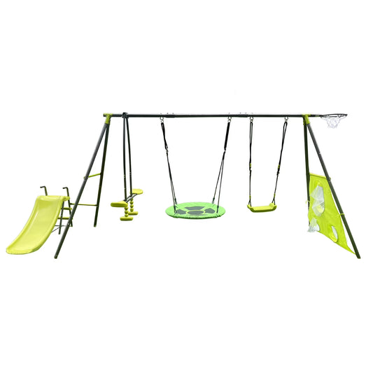 5 in 1 Outdoor Metal Swing Set with Basketball Hoop, Glider Swing, Heavy-Duty A-Frame Metal Outdoor Stand and Double Wall Slide, Metal Playset for Kids with Slide