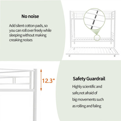 Bunkbed with Roll Out Trundle Bed Frame, Metal Bunk Bed Can Be Divided Into Two Twin Beds, Trundle Twin Bunk Bed with Ladders and Guardrails for Guest Room, Space Saving Bedroom Furniture, White, K111