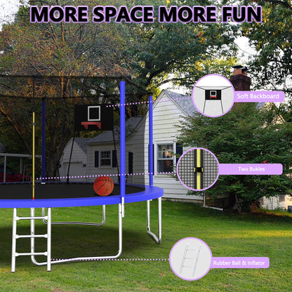 14FT Trampoline with Enclosure for Kids and Adults, SEGMART Upgraded Kids Recreational Outdoor Trampoline with Basketball Hoop, Ladder, Heavy Duty Round Backyard Trampoline for Indoor Outdoor