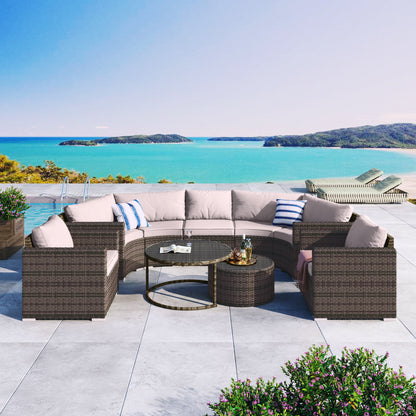 9 Pieces Patio Furniture Set, Wicker Sectional Table and Chairs Sets, Patio Conversation Set with Sectional Chaise Longue, Coffee Table, Suitable for Porch Backyard Garden, Beige