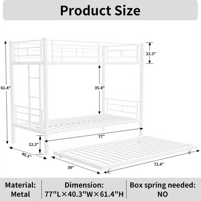 Twin Over Twin Bunk Bed with Trundle, Metal Twin Bed with Safety Guard Rail and Ladders, Space-Saving Design Sleeping Bedroom Bunk Bed for Boys, Girls, Kids, Young Teens & Adults, Easy Assembly, K116