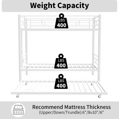 Bunkbed with Roll Out Trundle Bed Frame, Metal Bunk Bed Can Be Divided Into Two Twin Beds, Trundle Twin Bunk Bed with Ladders and Guardrails for Guest Room, Space Saving Bedroom Furniture, White, K111