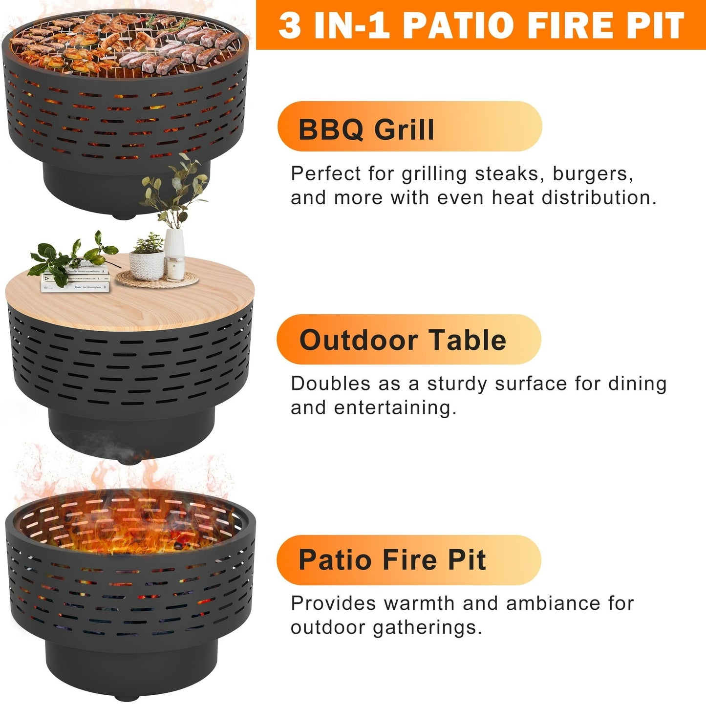 Segmart 26 inch Fire Pit with Grill & Lid, Firepits for Outside Wood Burning Fire Pit Table with Fire Poker, Ash Net,3 in 1 Outdoor Fire pits for Patio,BBQ, Bonfire, Camping, Backyard, Picnic