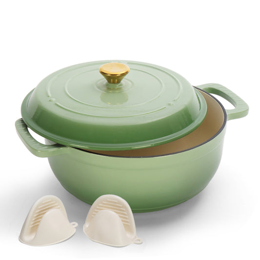 SEGMART Cast iron 5QT cooking pot ,Multifunctional Enamel pot, Includes two silicone gloves,Gradient green