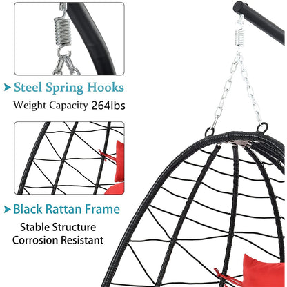 Clearance! Hanging Wicker Egg Chair, Outdoor Patio Hanging Chairs with Stand, UV Resistant Hammock Chair with Comfortable Red Cushion, Durable Indoor Swing Egg Chair for Garden, Backyard, L3952