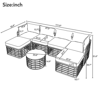 7 Pieces Patio Furniture Set, Wicker Sectional Table and Chairs Sets, Patio Conversation Set with Sectional Chaise Longue, Coffee Table, Suitable for Porch Backyard Garden, Gray