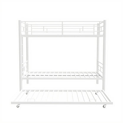 Twin Over Twin Bunk Bed with Trundle, Metal Twin Bed with Safety Guard Rail and Ladders, Space-Saving Design Sleeping Bedroom Bunk Bed for Boys, Girls, Kids, Young Teens & Adults, Easy Assembly, K116