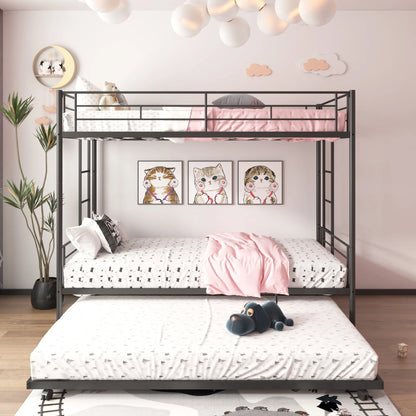 Twin Over Twin Bunk Bed with Trundle, Metal Space-Saving Design For Boys, Girls, Kids, Young Teens and Adults, Easy Assembly, K86