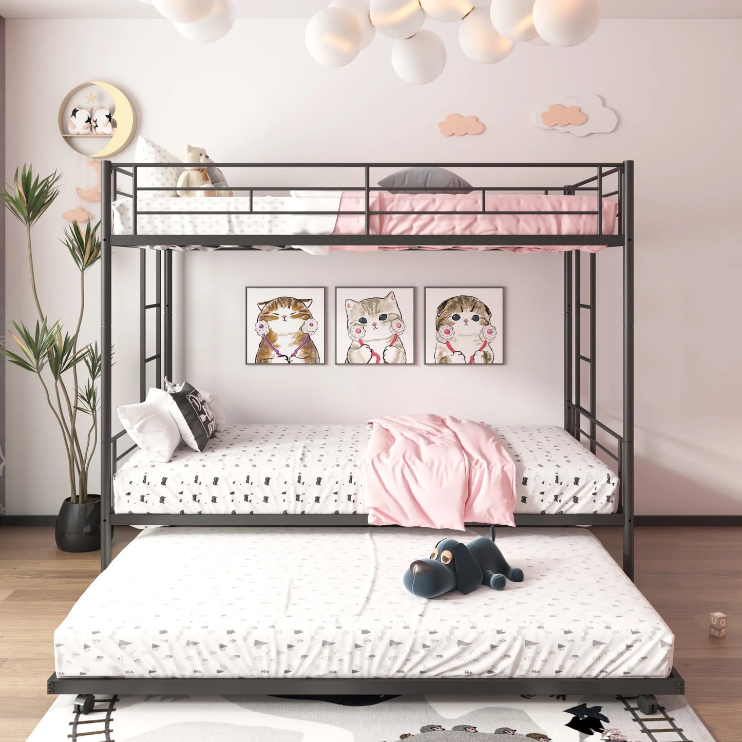 Bunk Bed with Roll Out Trundle Bed Frame, Metal Bunk Bed can be Divided into Two Twin Beds, Trundle Twin Bunk Bed with Ladders and Guardrails for Guest Room, Space Saving Bedroom Furniture