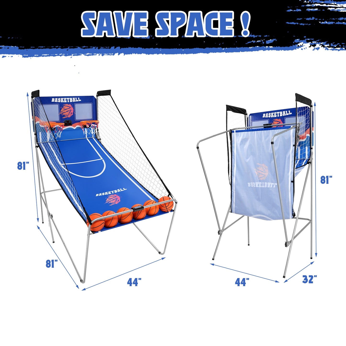 Foldable Electronic Basketball Arcade Game for Kids Adults, SEGMART Indoor Outdoor Dual Shot Electronic Basketball Hoop Arcade Game with 6 Balls, 8 Modes, LED Scorer, Air Pump, Battery Powered, Blue