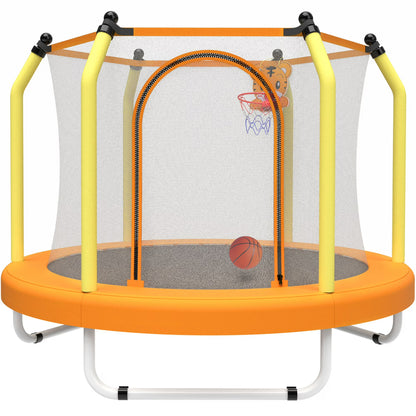 55" Trampoline with Enclosure for Kids, SEGMART Indoor Outdoor Toddler Trampoline with Basketball, Indoor Outdoor Kids Trampoline with Basketball Hoop, Small Round Trampoline for Boys Girls