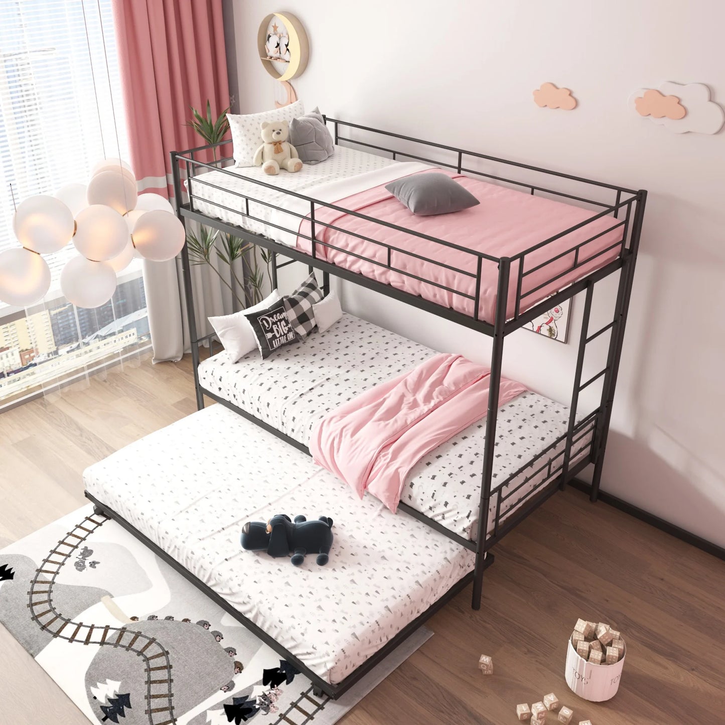 Bunk Bed with Roll Out Trundle Bed Frame, Metal Bunk Bed can be Divided into Two Twin Beds, Trundle Twin Bunk Bed with Ladders and Guardrails for Guest Room, Space Saving Bedroom Furniture