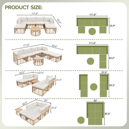 7 Pieces Patio Furniture Set, Wicker Sectional Table and Chairs Sets, Patio Conversation Set with Sectional Chaise Longue, Coffee Table, Suitable for Porch Backyard Garden, Beige