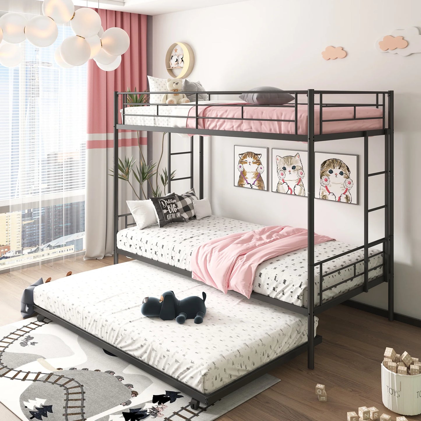 Bunk Bed with Roll Out Trundle Bed Frame, Metal Bunk Bed can be Divided into Two Twin Beds, Trundle Twin Bunk Bed with Ladders and Guardrails for Guest Room, Space Saving Bedroom Furniture