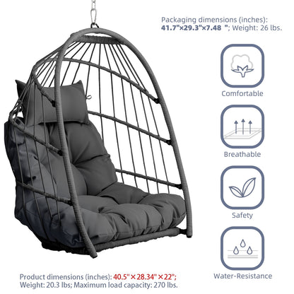 Patio Hammock Hanging Chair, Outdoor Wicker Swing Egg Chair with Stand and Cushion, 250LBS Capacity All-Weather UV Patio Rattan Lounge Chair for Patio, Deck, Yard, Garden, Beige, SS1880