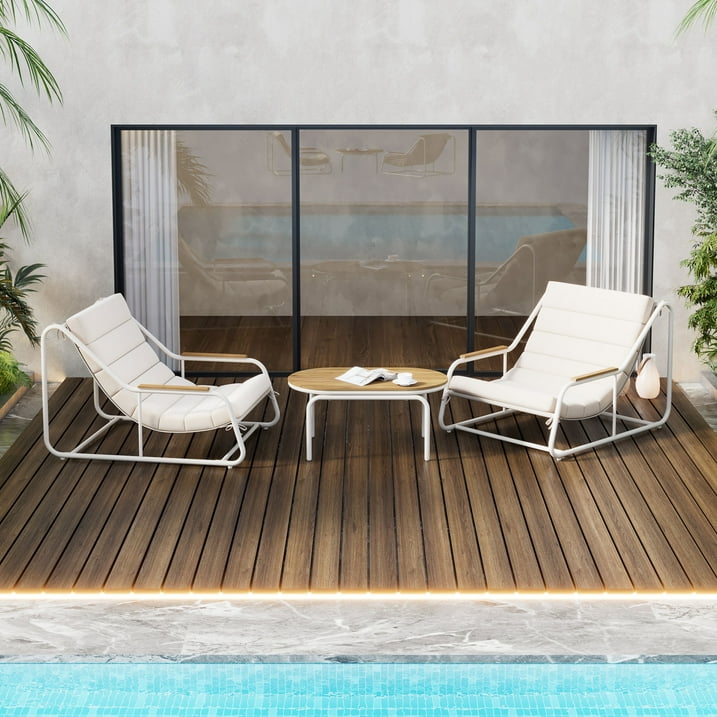 Outdoor Chaise Lounge Chairs Set of 3, Segmart Patio Chaise Lounge Chair with Acacia Side Table, Pool Lounge Chairs for Lawn, Deck, Beach, Max Weight 400 lbs, Beige & White