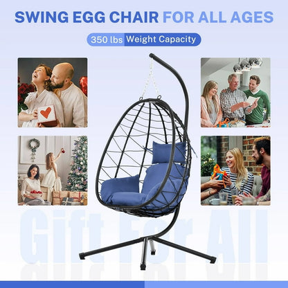 Wicker Hanging Egg Chair with Stand and Cushion, Outdoor Swing Egg-Shaped Chair w/Hanging Kits, Durable All-Weather UV Patio Rattan Lounge Chair for Bedroom, Patio, Deck, Yard, Garden, 350lbs, Navy B