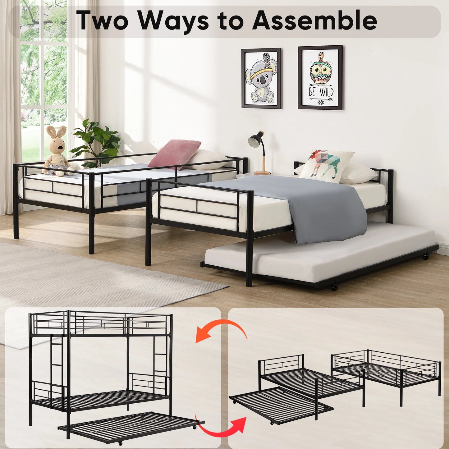 Bunk Bed with Roll Out Trundle Bed Frame, Metal Bunk Bed can be Divided into Two Twin Beds, Trundle Twin Bunk Bed with Ladders and Guardrails for Guest Room, Space Saving Bedroom Furniture