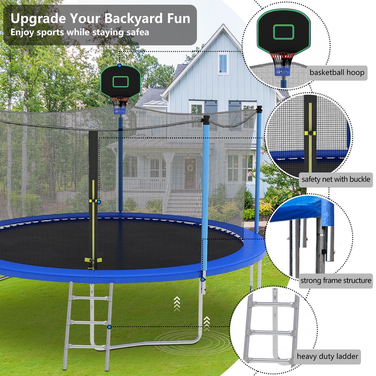 14FT Trampoline for Kids and Adults, SEGMART Upgraded Outdoor Trampoline with Basketball Hoop, Heavy-Duty Round Trampoline with Safety Enclosure Net and Ladder for Indoor Outdoor Backyard, Blue